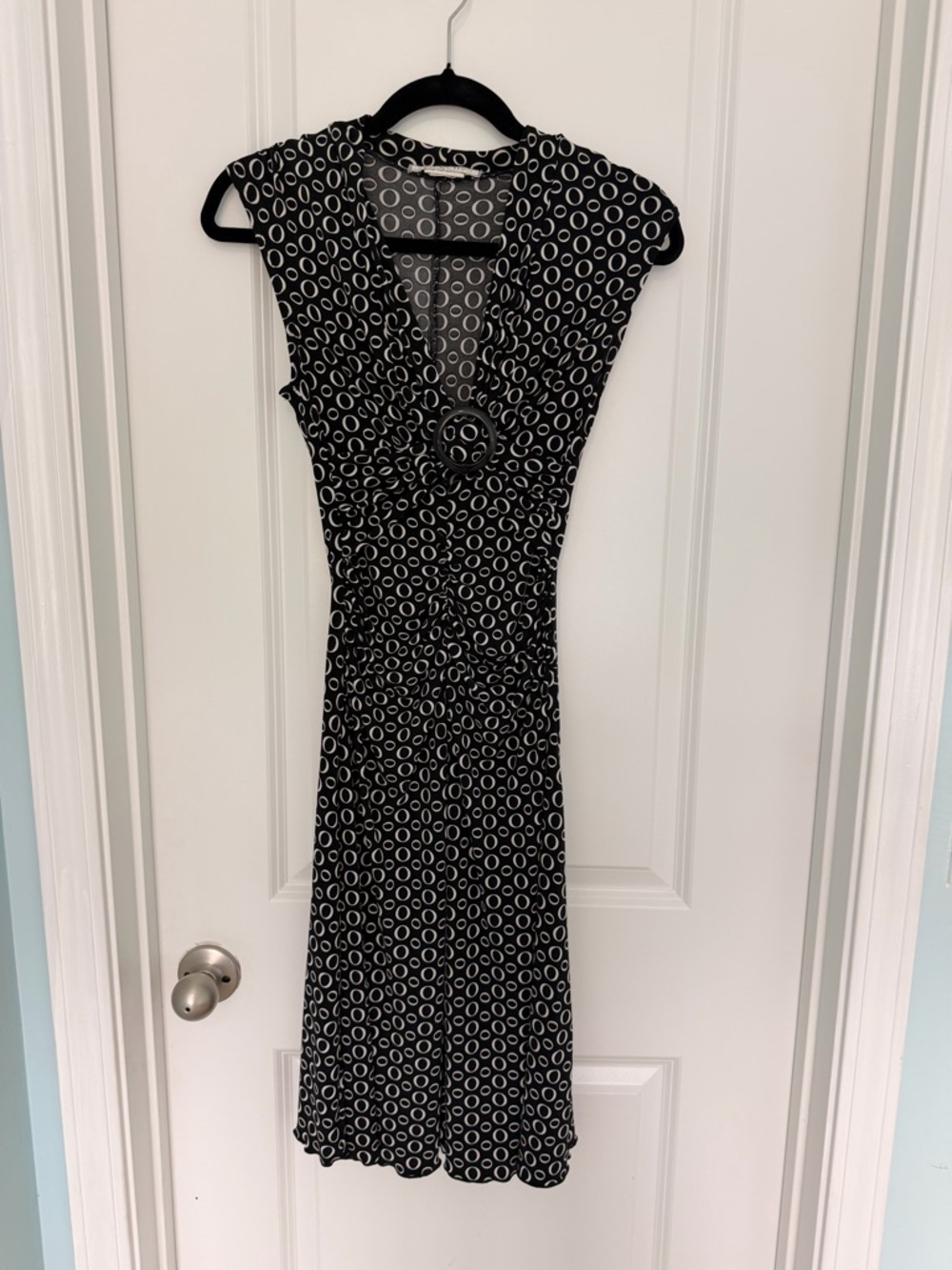 La Belle Y2K Black White Polka Dot Ruched Dress Buckle Stretch Size S